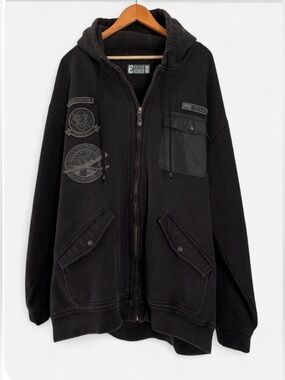 Enyce Vintage Y2K Black Full-Zip Cargo Hoodie Leather Multi-Pocket Heavyweight